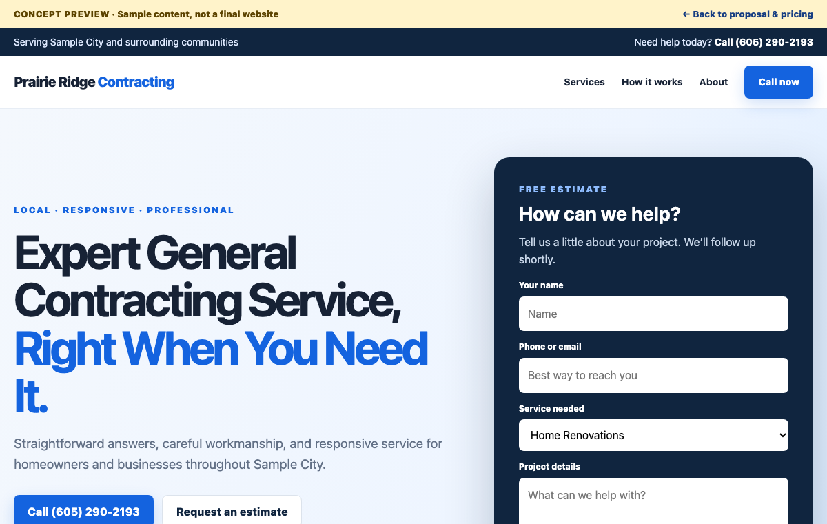 Service First contractor website concept